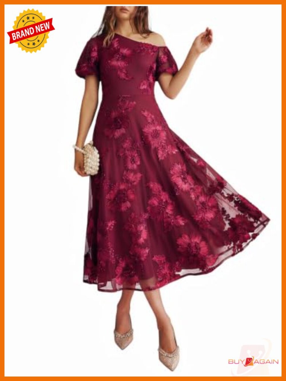 Women's 3D Floral Mesh Midi Dress One Shoulder Puff Sleeve A-Line